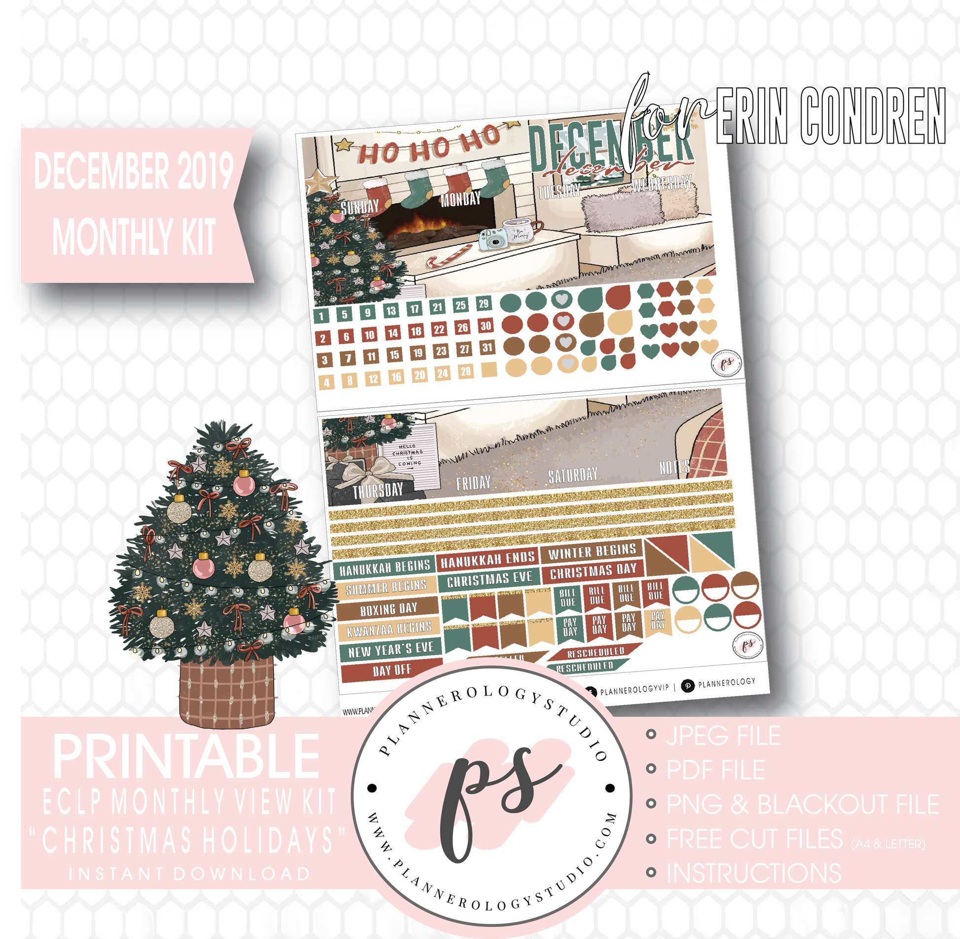 Christmas Holidays December 2019 Monthly View Kit Digital Printable Planner Stickers (for use with Erin Condren) - Plannerologystudio