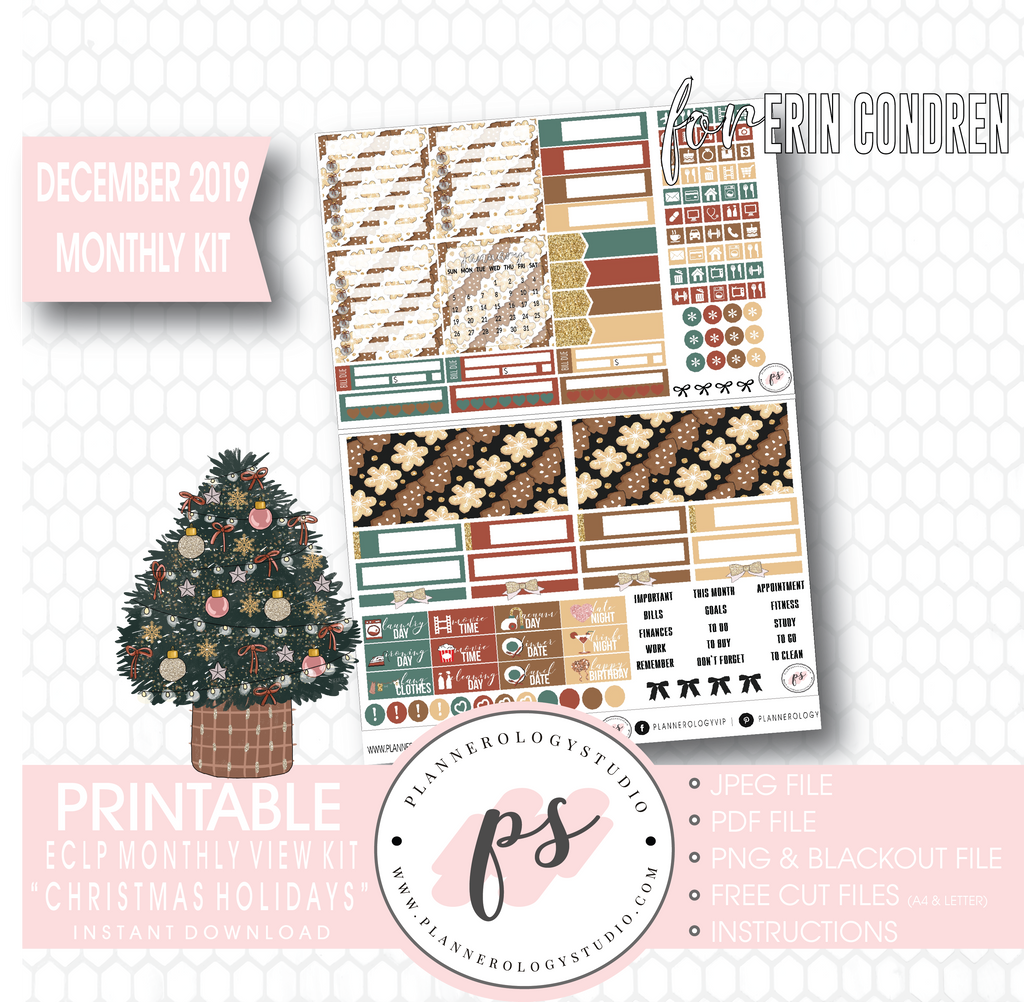 Christmas Holidays December 2019 Monthly View Kit Digital Printable Planner Stickers (for use with Erin Condren) - Plannerologystudio