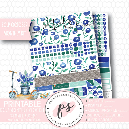 "Summer Bloom" October 2017 Monthly View Kit Printable Planner Stickers (for use with ECLP) - Plannerologystudio