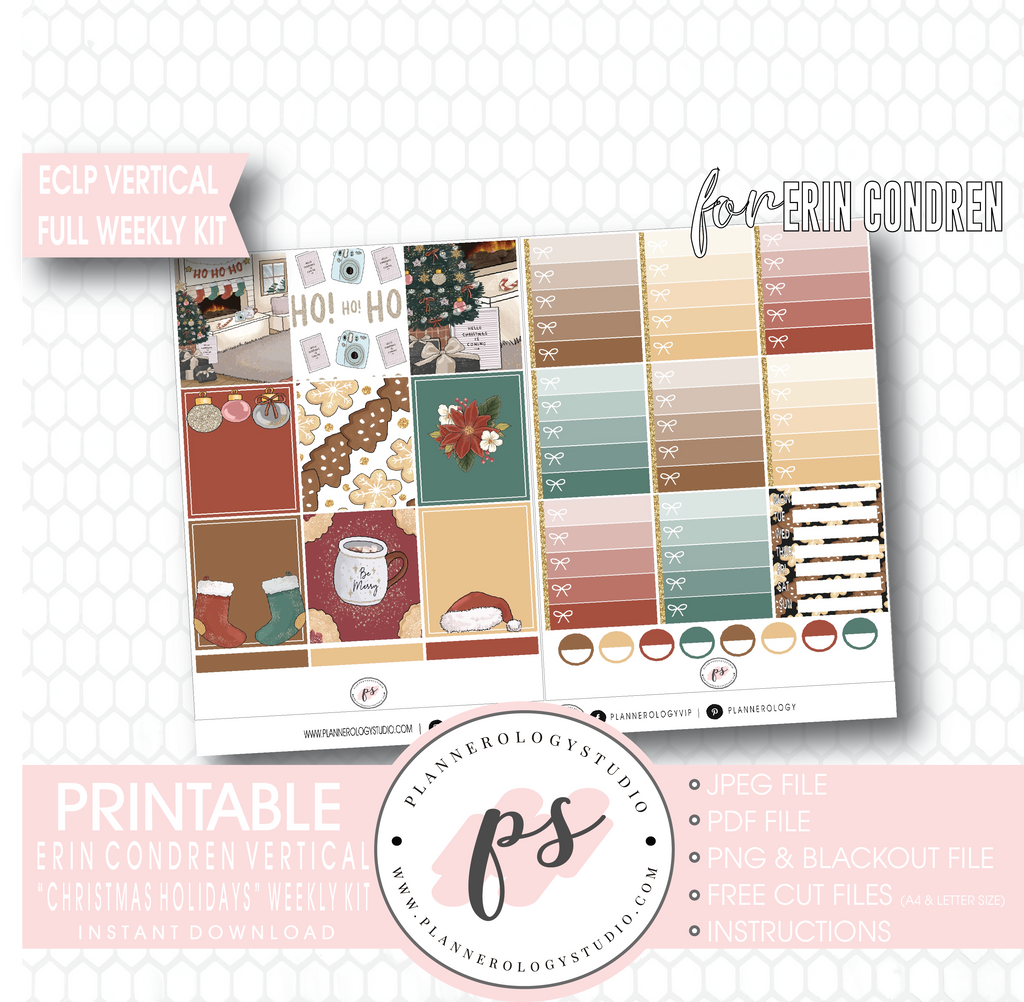 Christmas Holidays Full Weekly Kit Printable Planner Digital Stickers (for use with Erin Condren Vertical) - Plannerologystudio