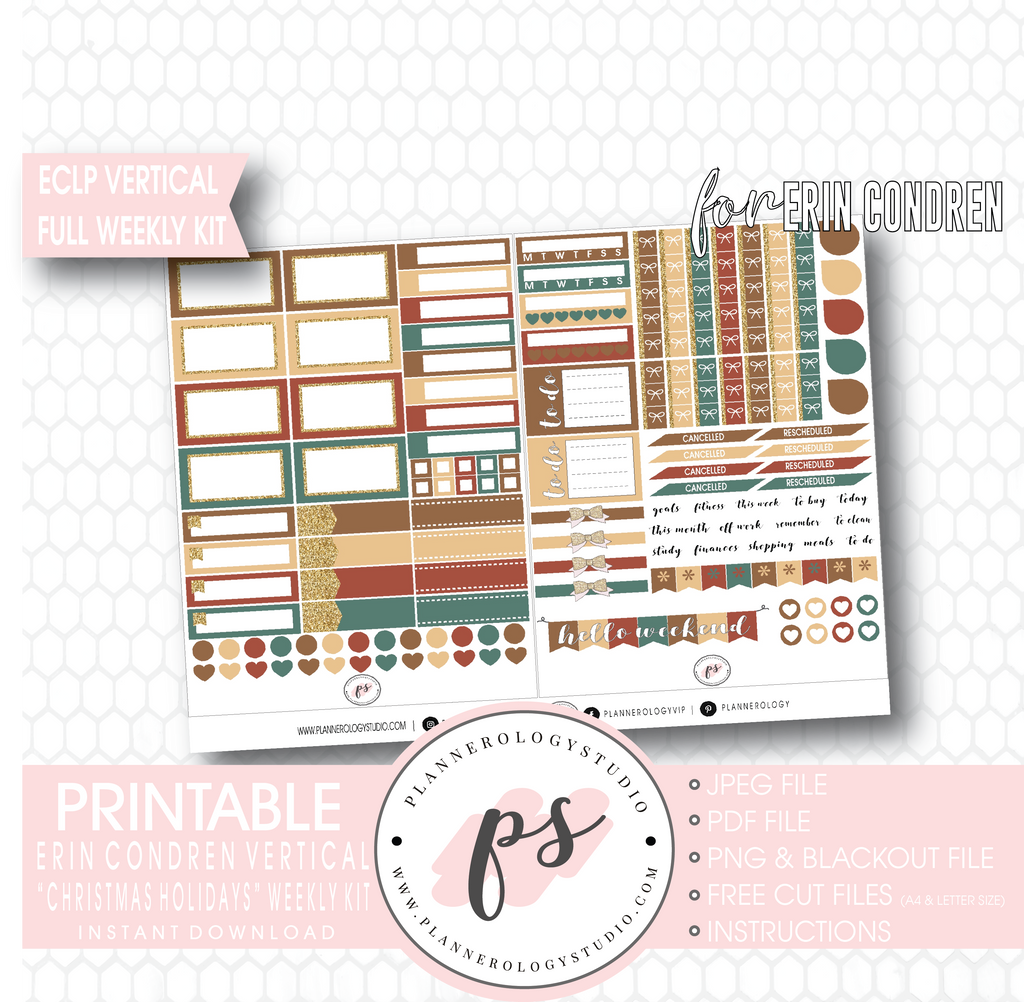 Christmas Holidays Full Weekly Kit Printable Planner Digital Stickers (for use with Erin Condren Vertical) - Plannerologystudio