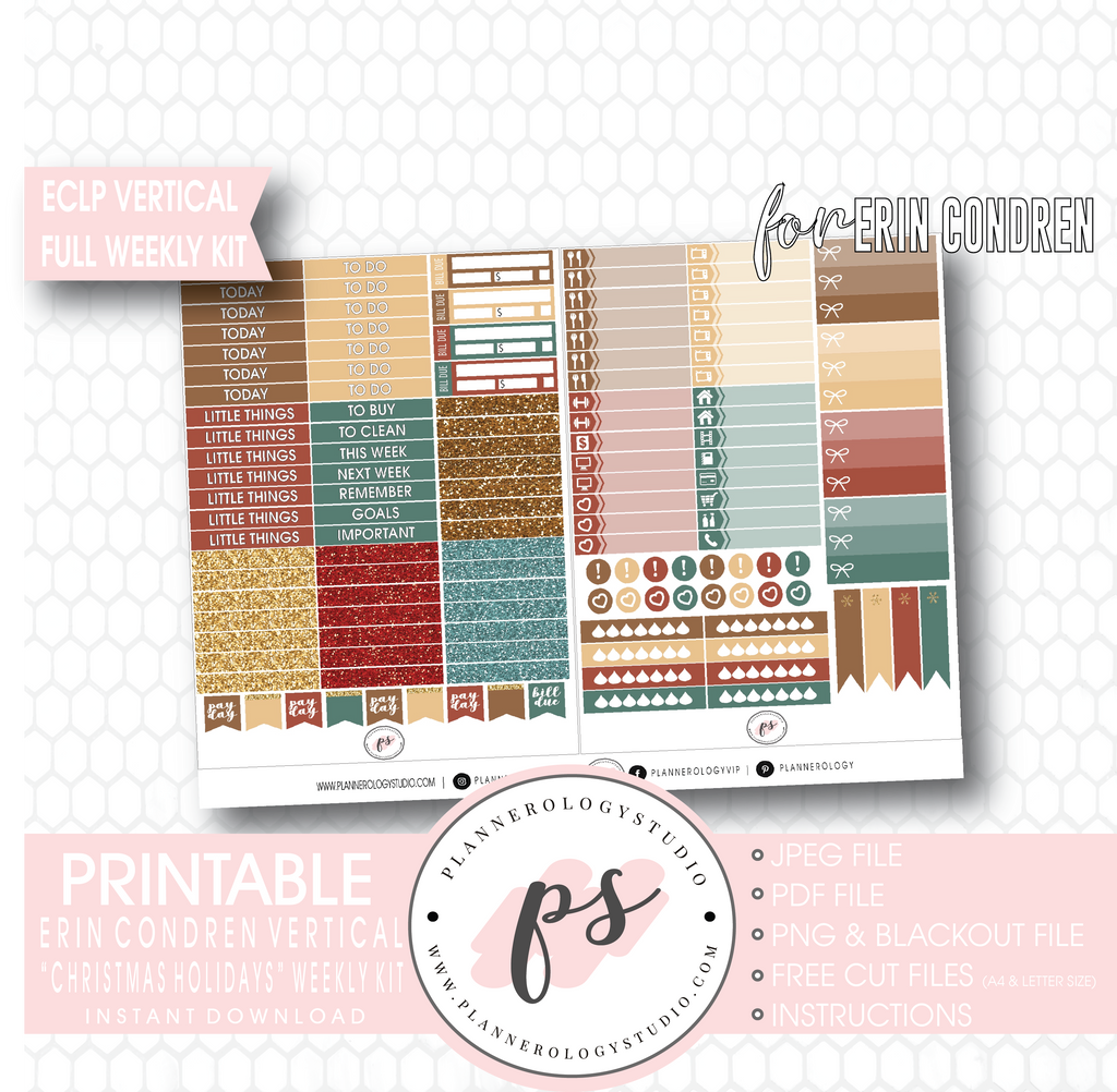 Christmas Holidays Full Weekly Kit Printable Planner Digital Stickers (for use with Erin Condren Vertical) - Plannerologystudio