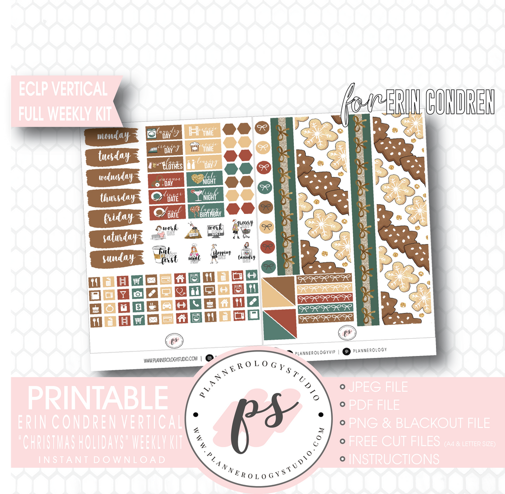 Christmas Holidays Full Weekly Kit Printable Planner Digital Stickers (for use with Erin Condren Vertical) - Plannerologystudio