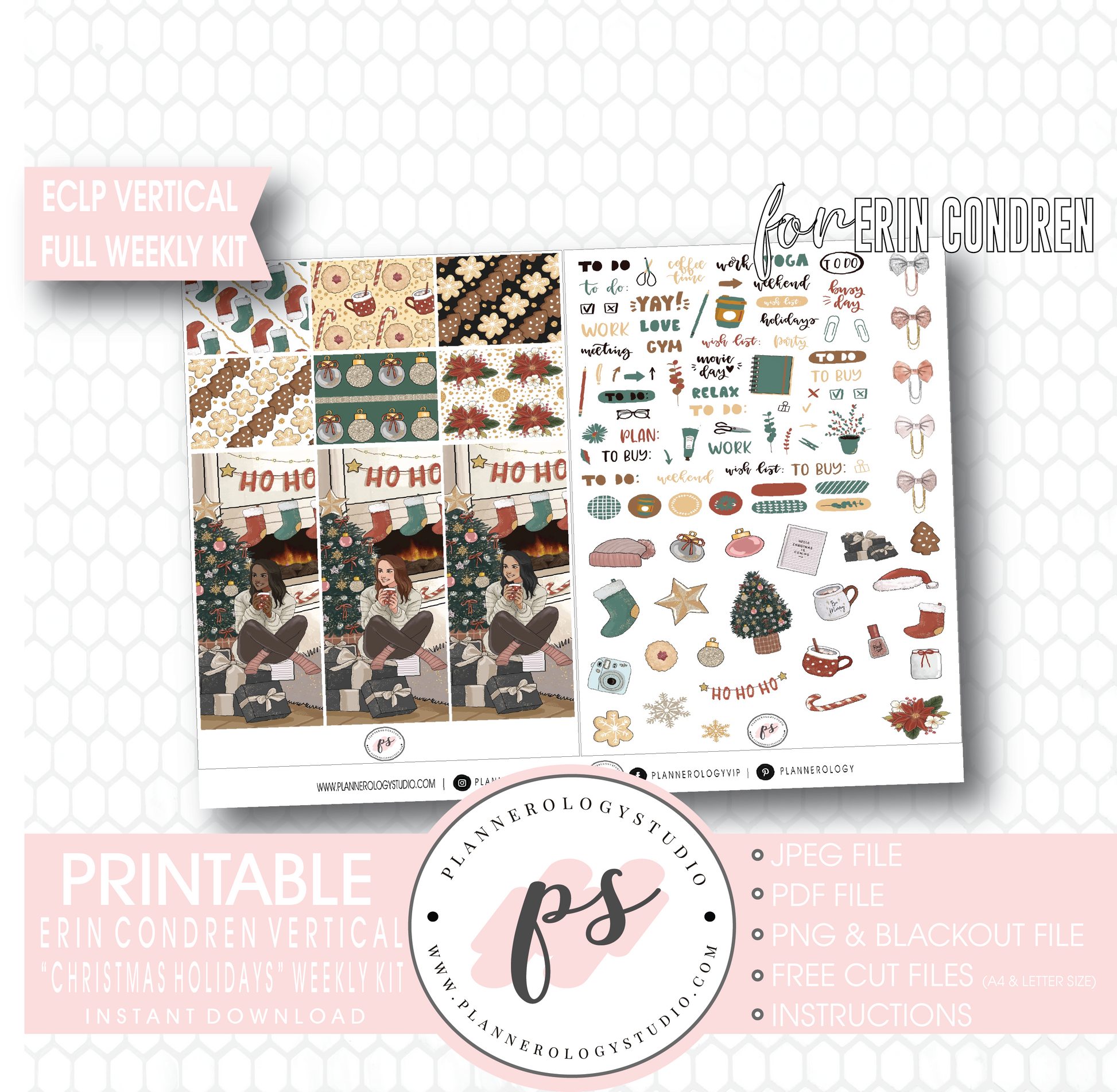 Christmas Holidays Full Weekly Kit Printable Planner Digital Stickers (for use with Erin Condren Vertical) - Plannerologystudio
