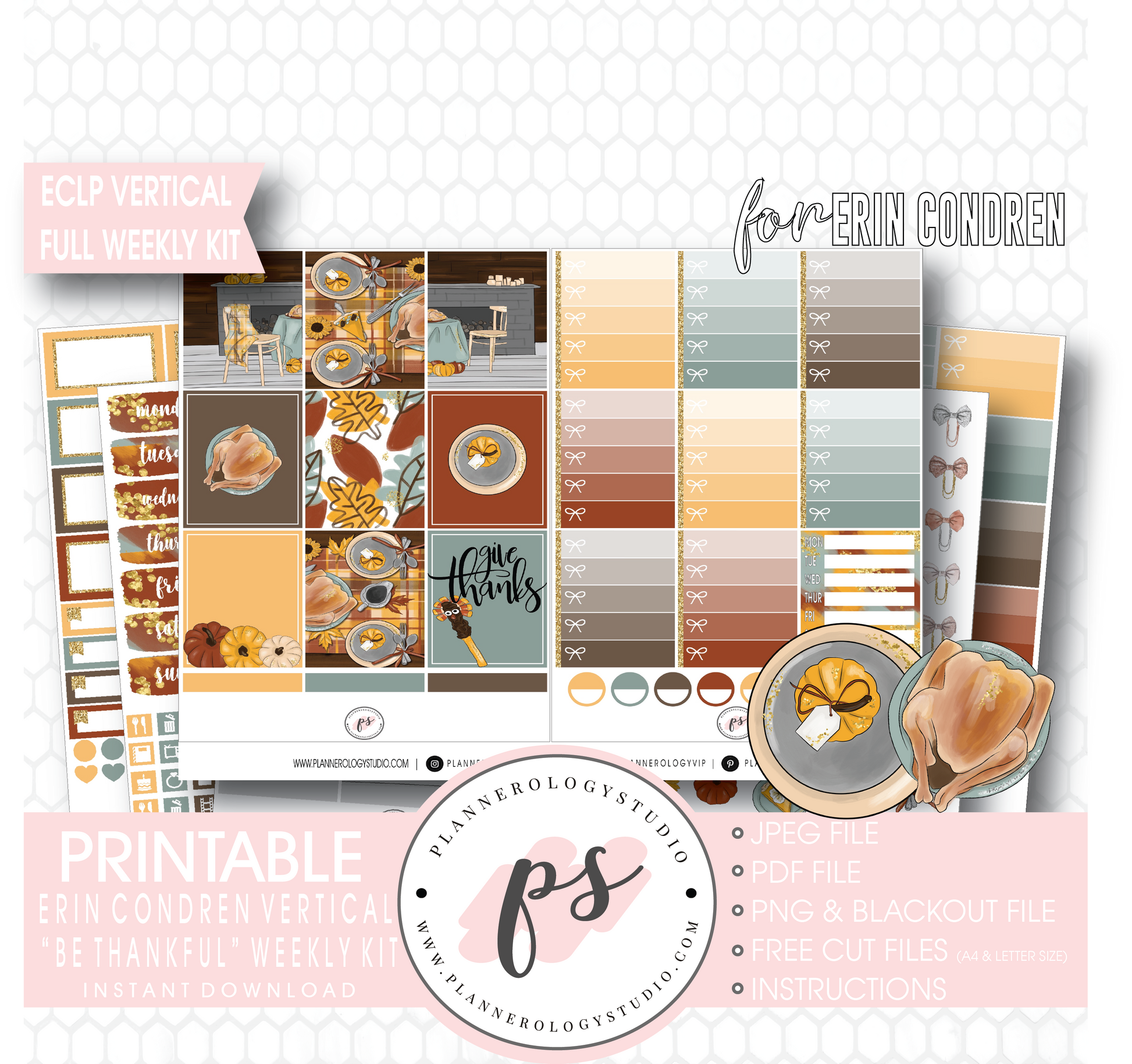 Be Thankful (Thanksgiving) Full Weekly Kit Printable Planner Digital Stickers (for use with Erin Condren Vertical) - Plannerologystudio