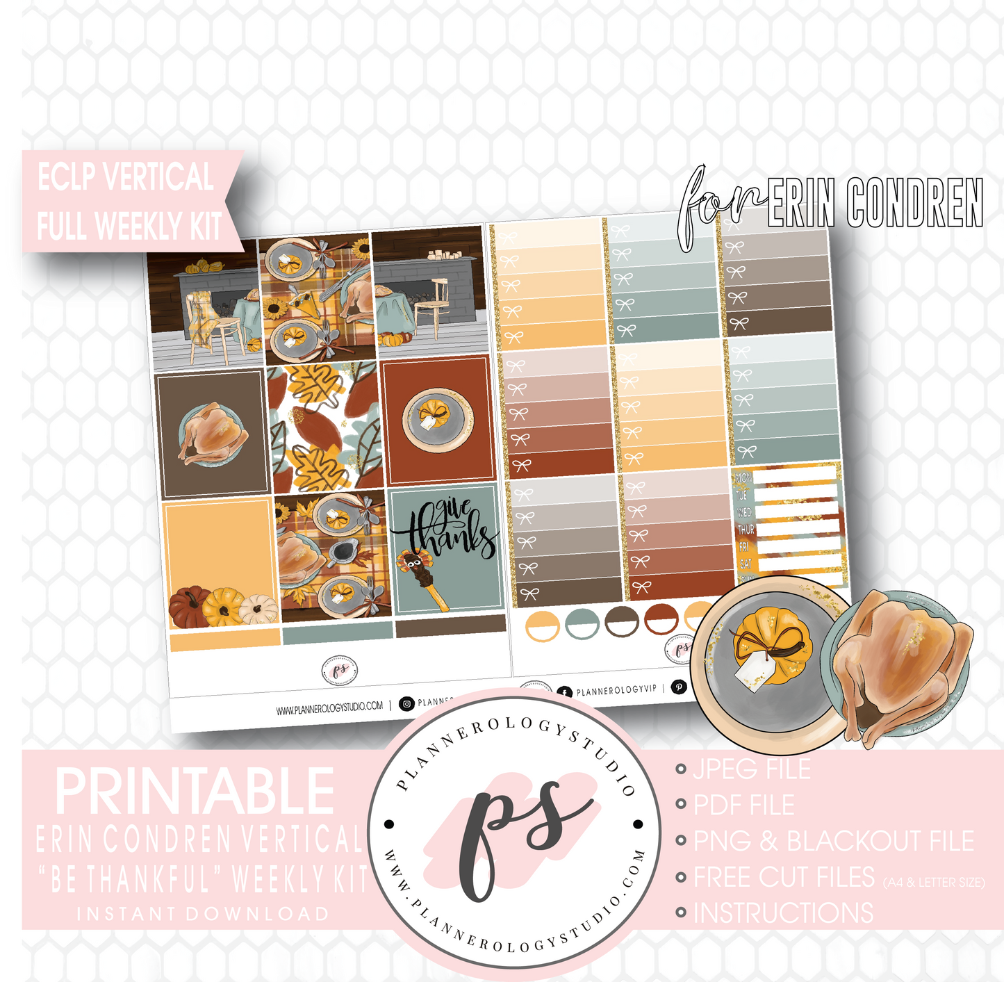 Be Thankful (Thanksgiving) Full Weekly Kit Printable Planner Digital Stickers (for use with Erin Condren Vertical) - Plannerologystudio