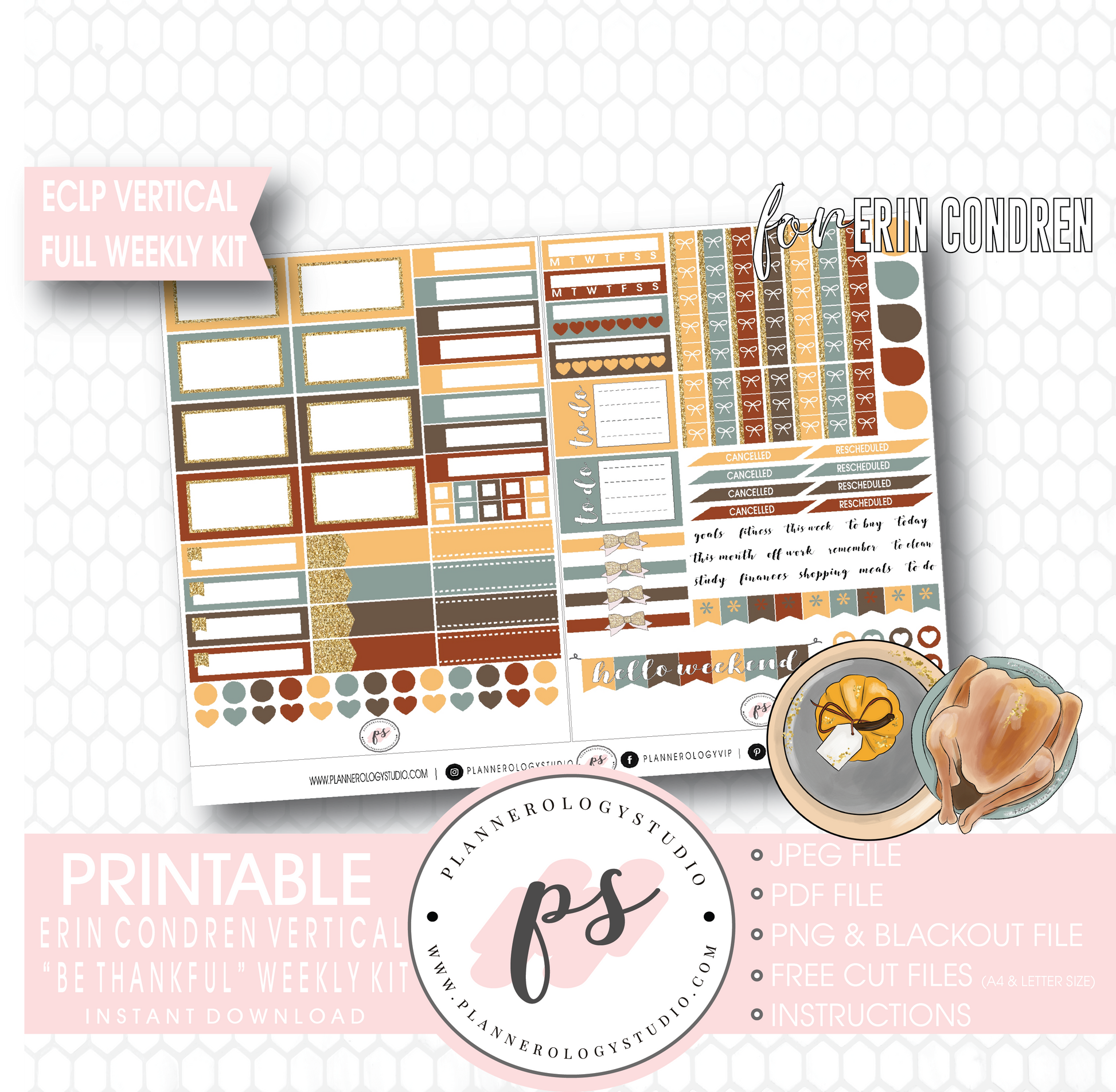 Be Thankful (Thanksgiving) Full Weekly Kit Printable Planner Digital Stickers (for use with Erin Condren Vertical) - Plannerologystudio