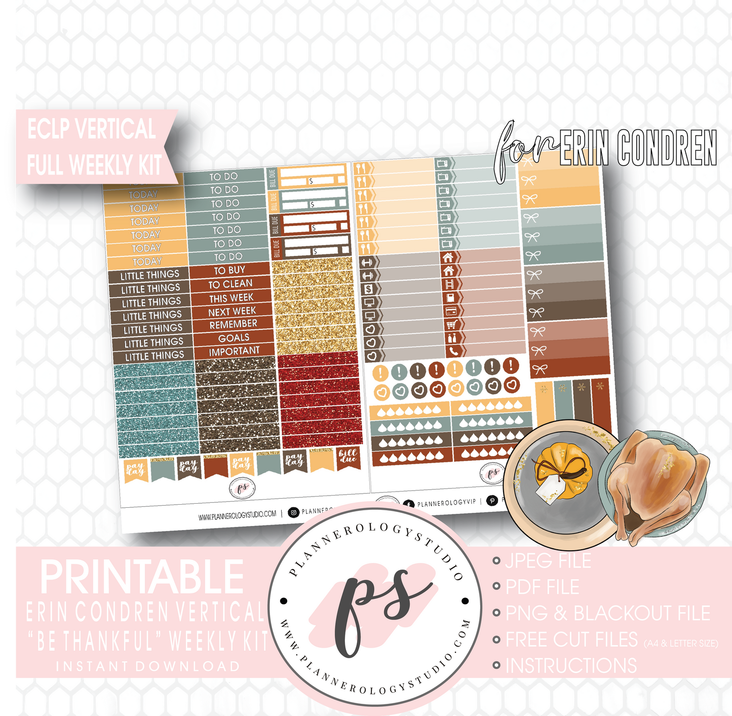 Be Thankful (Thanksgiving) Full Weekly Kit Printable Planner Digital Stickers (for use with Erin Condren Vertical) - Plannerologystudio