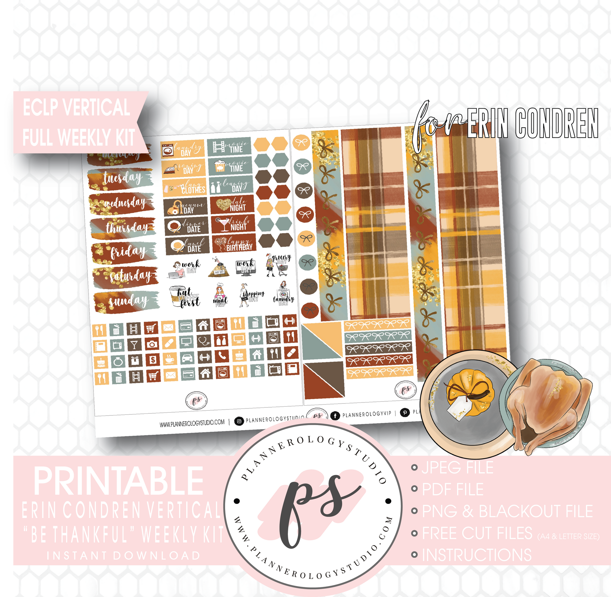 Be Thankful (Thanksgiving) Full Weekly Kit Printable Planner Digital Stickers (for use with Erin Condren Vertical) - Plannerologystudio