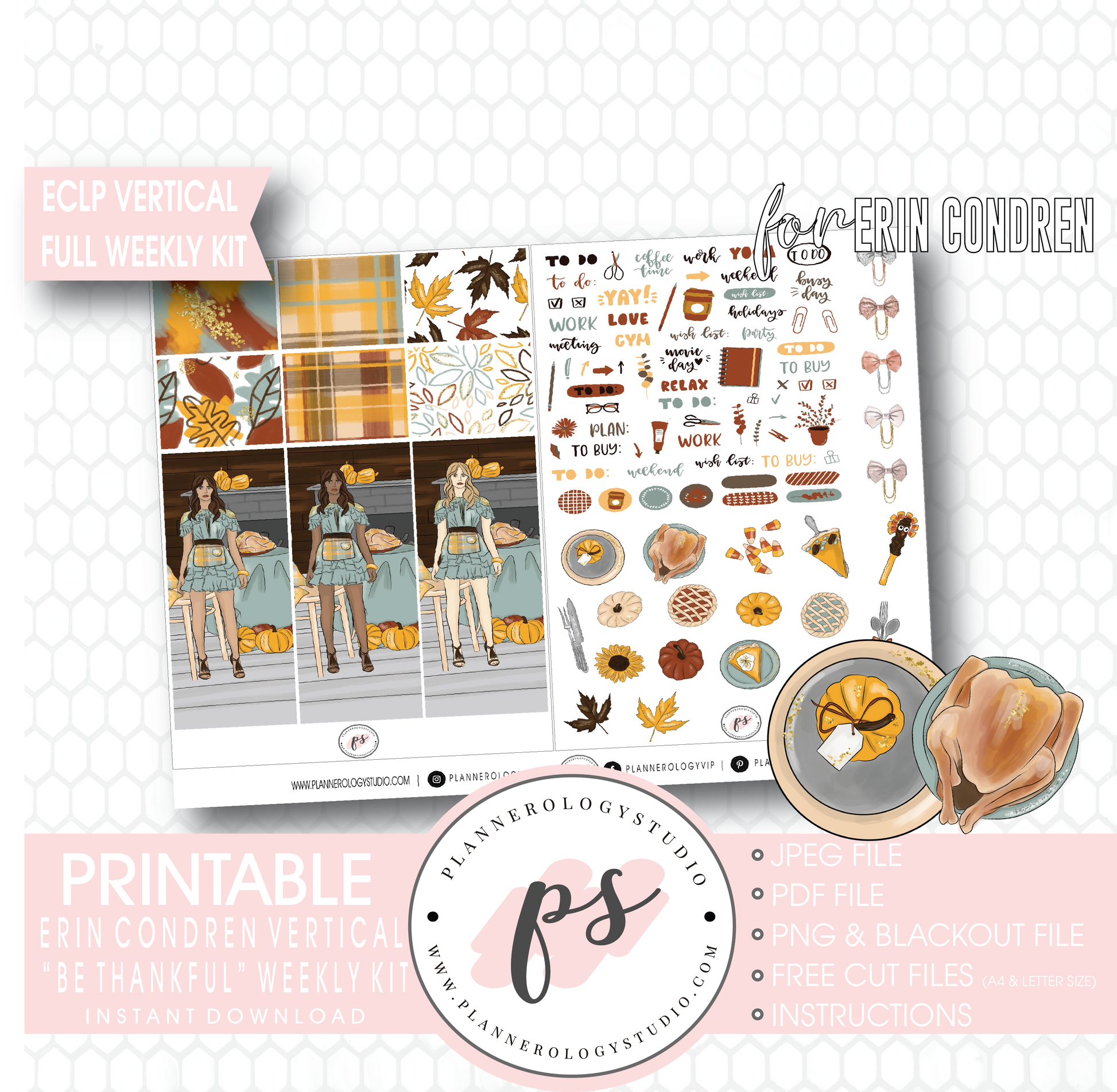 Be Thankful (Thanksgiving) Full Weekly Kit Printable Planner Digital Stickers (for use with Erin Condren Vertical) - Plannerologystudio