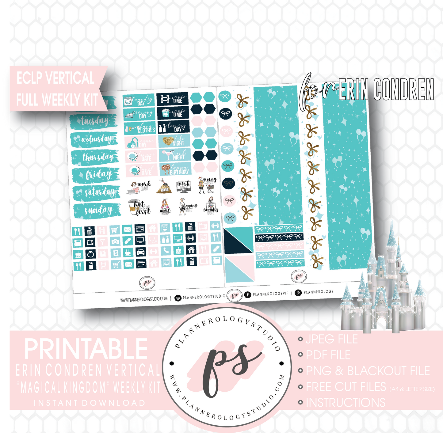 Magical Kingdom (Disney Inspired) Full Weekly Kit Printable Planner Digital Stickers (for use with Erin Condren Vertical) - Plannerologystudio