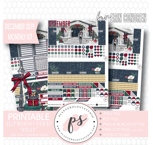 Holly Christmas December 2019 Monthly View Kit Digital Printable Planner Stickers (for use with Erin Condren) - Plannerologystudio