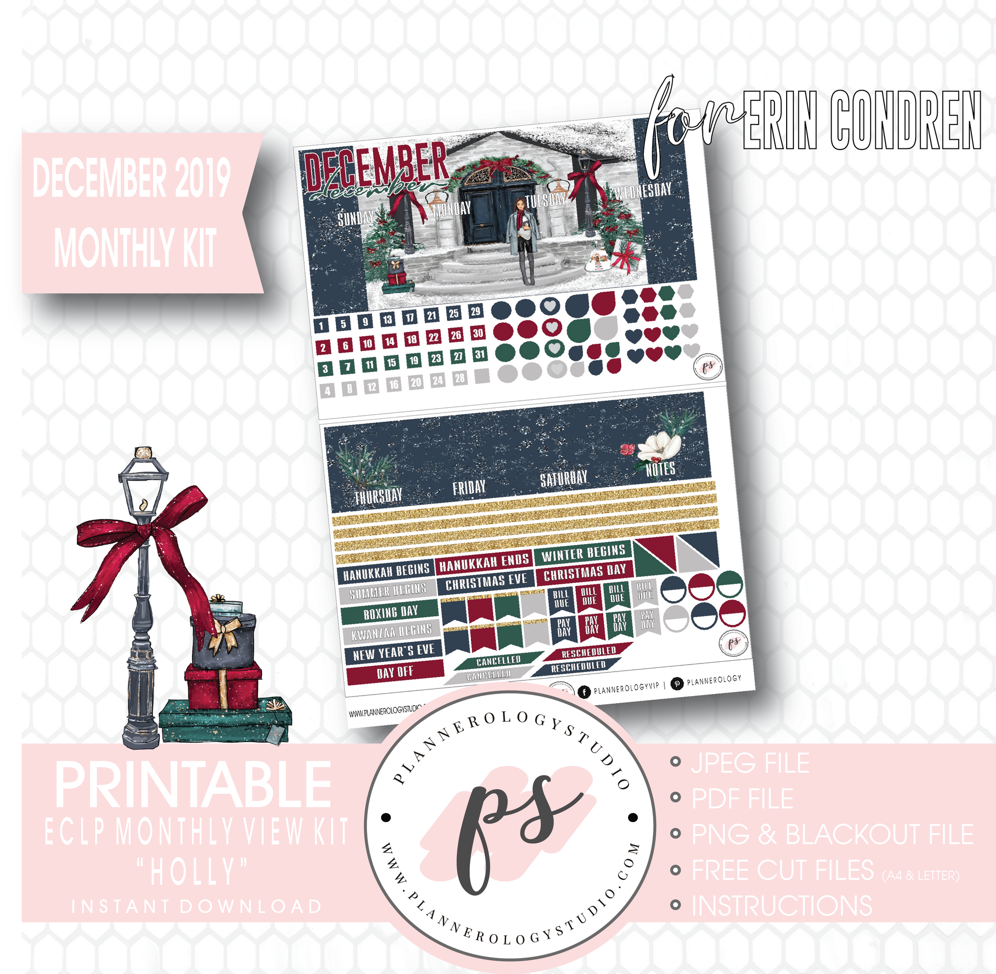 Holly Christmas December 2019 Monthly View Kit Digital Printable Planner Stickers (for use with Erin Condren) - Plannerologystudio