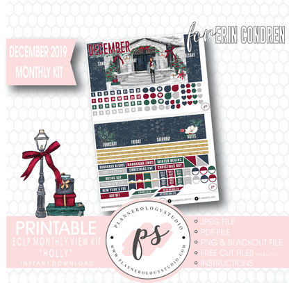 Holly Christmas December 2019 Monthly View Kit Digital Printable Planner Stickers (for use with Erin Condren) - Plannerologystudio