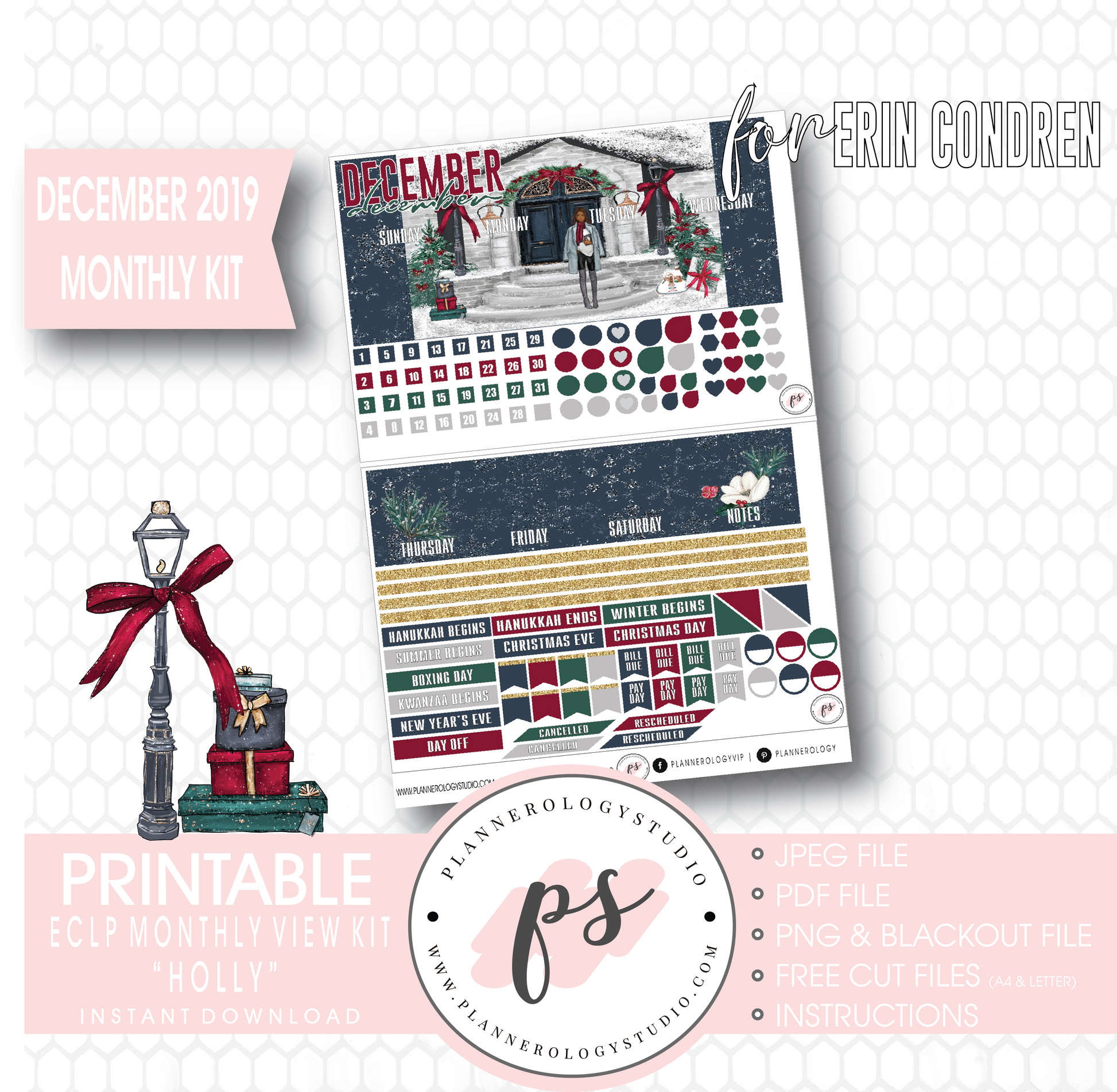 Holly Christmas December 2019 Monthly View Kit Digital Printable Planner Stickers (for use with Erin Condren) - Plannerologystudio