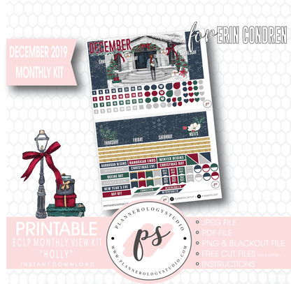 Holly Christmas December 2019 Monthly View Kit Digital Printable Planner Stickers (for use with Erin Condren) - Plannerologystudio