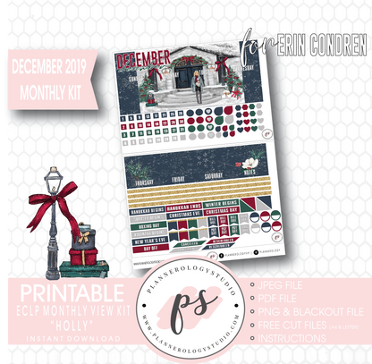 Holly Christmas December 2019 Monthly View Kit Digital Printable Planner Stickers (for use with Erin Condren) - Plannerologystudio