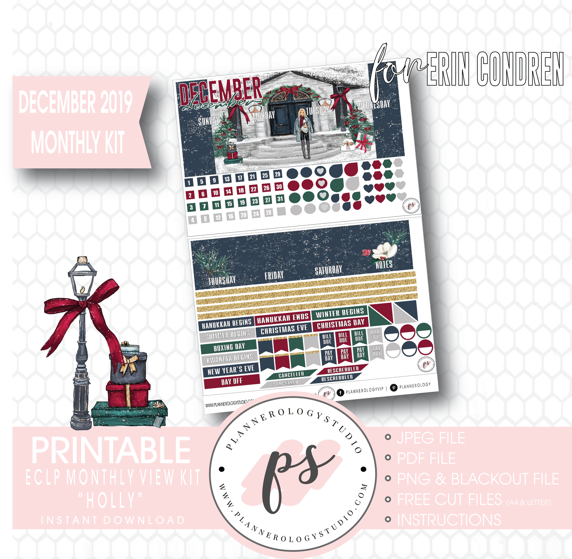 Holly Christmas December 2019 Monthly View Kit Digital Printable Planner Stickers (for use with Erin Condren) - Plannerologystudio