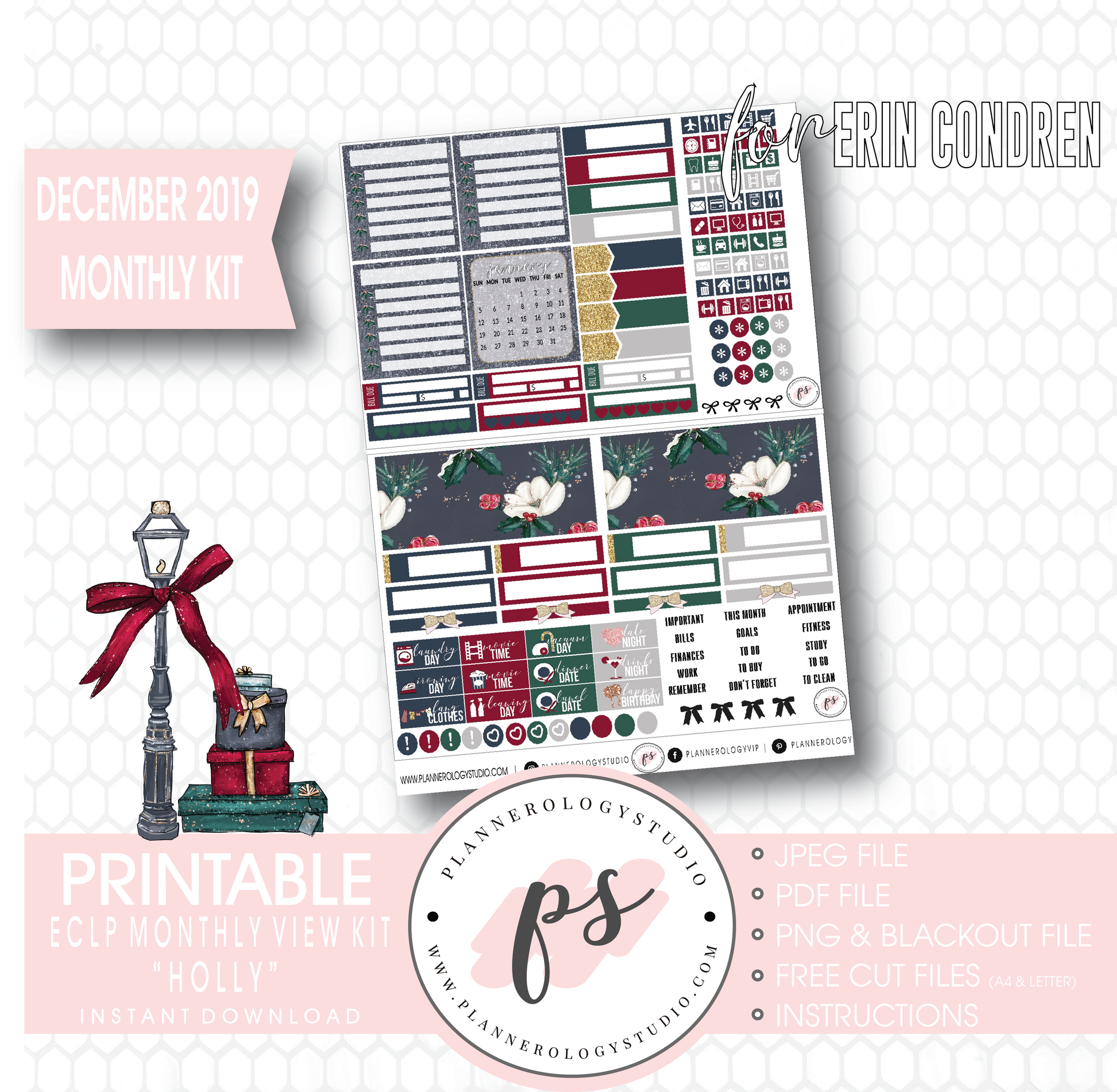 Holly Christmas December 2019 Monthly View Kit Digital Printable Planner Stickers (for use with Erin Condren) - Plannerologystudio