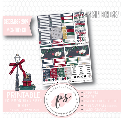 Holly Christmas December 2019 Monthly View Kit Digital Printable Planner Stickers (for use with Erin Condren) - Plannerologystudio