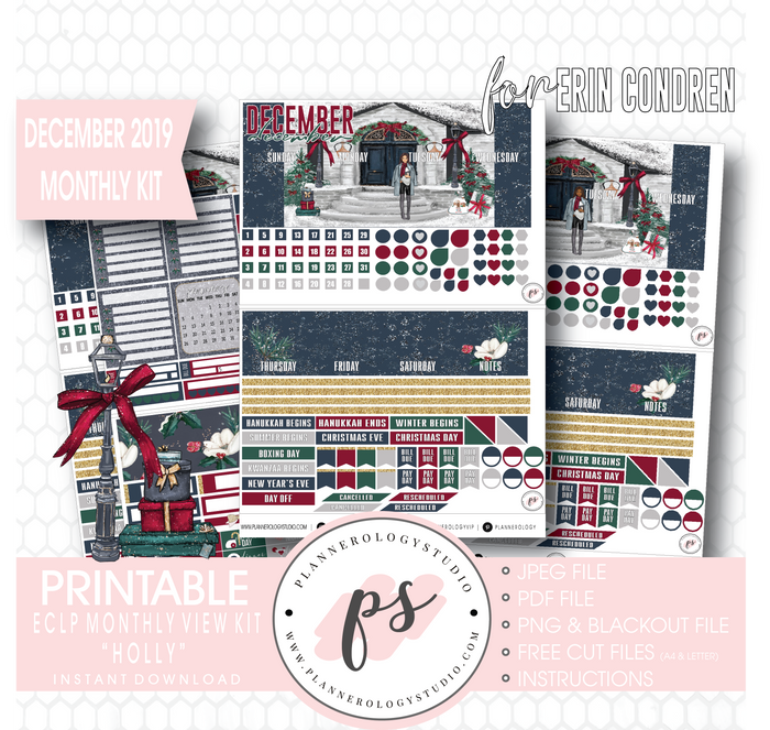 Holly Christmas December 2019 Monthly View Kit Digital Printable Planner Stickers (for use with Erin Condren) - Plannerologystudio