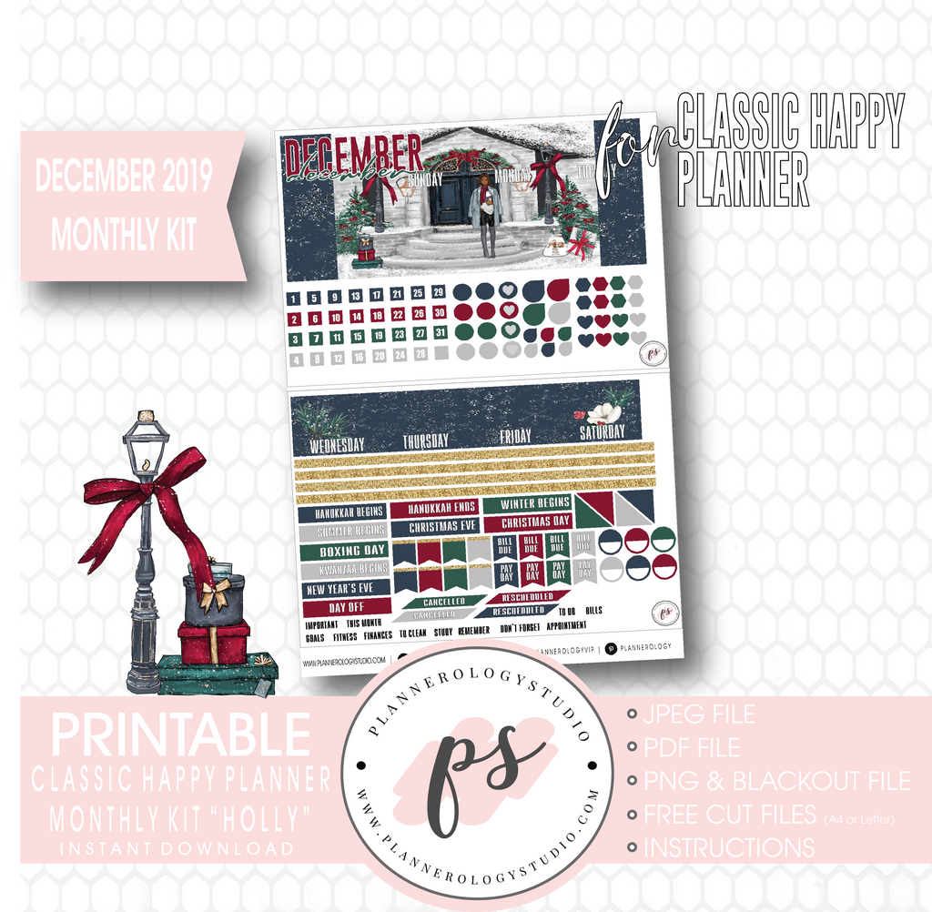 Holly Christmas December 2019 Monthly View Kit Digital Printable Planner Stickers (for use with Classic Happy Planner) - Plannerologystudio