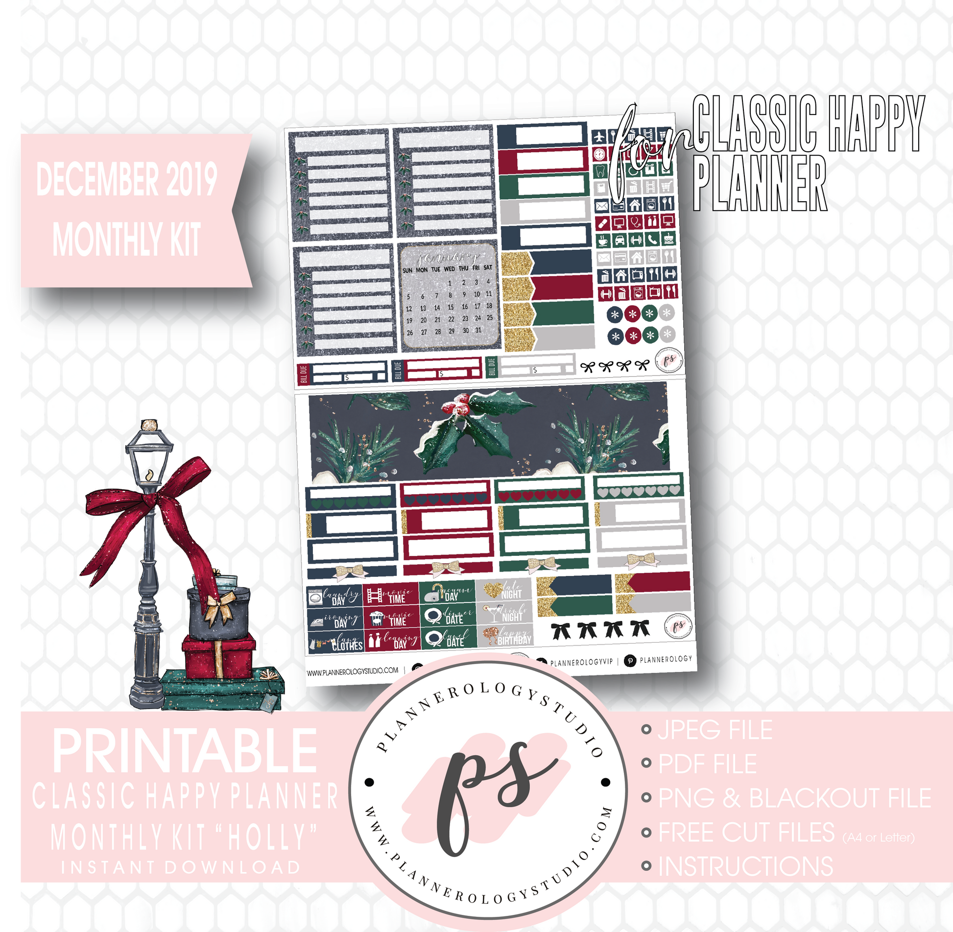 Holly Christmas December 2019 Monthly View Kit Digital Printable Planner Stickers (for use with Classic Happy Planner) - Plannerologystudio