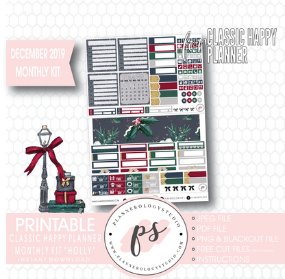 Holly Christmas December 2019 Monthly View Kit Digital Printable Planner Stickers (for use with Classic Happy Planner) - Plannerologystudio