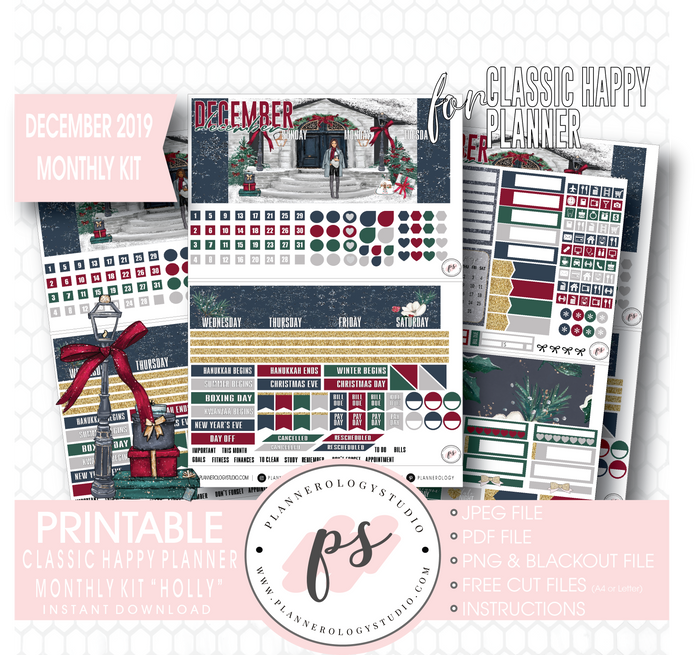 Holly Christmas December 2019 Monthly View Kit Digital Printable Planner Stickers (for use with Classic Happy Planner) - Plannerologystudio
