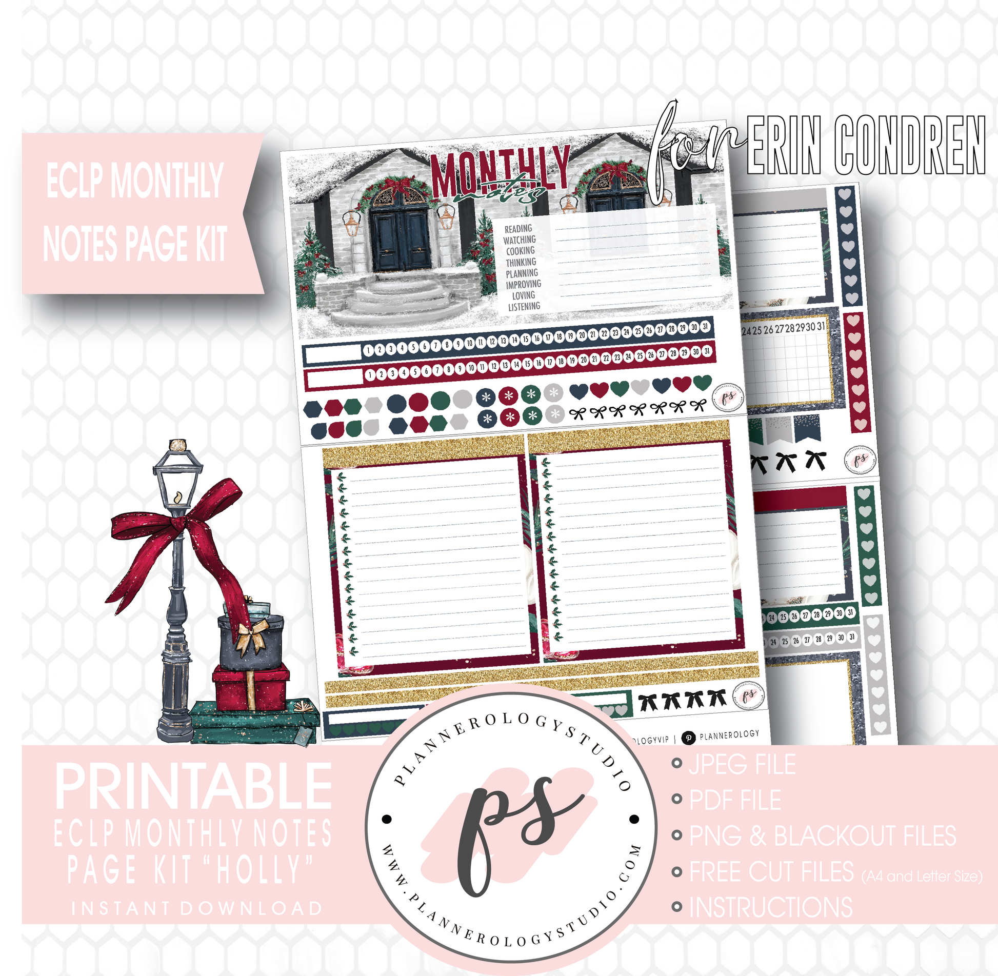 Holly (Christmas) Monthly Notes Page Kit Digital Printable Planner Stickers (for use with Erin Condren) - Plannerologystudio