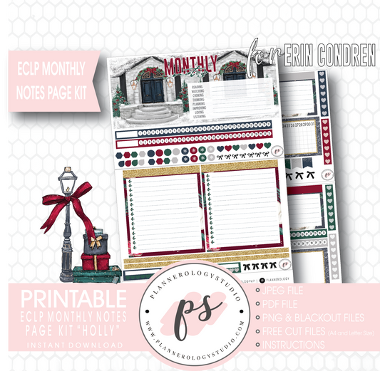 Holly (Christmas) Monthly Notes Page Kit Digital Printable Planner Stickers (for use with Erin Condren) - Plannerologystudio