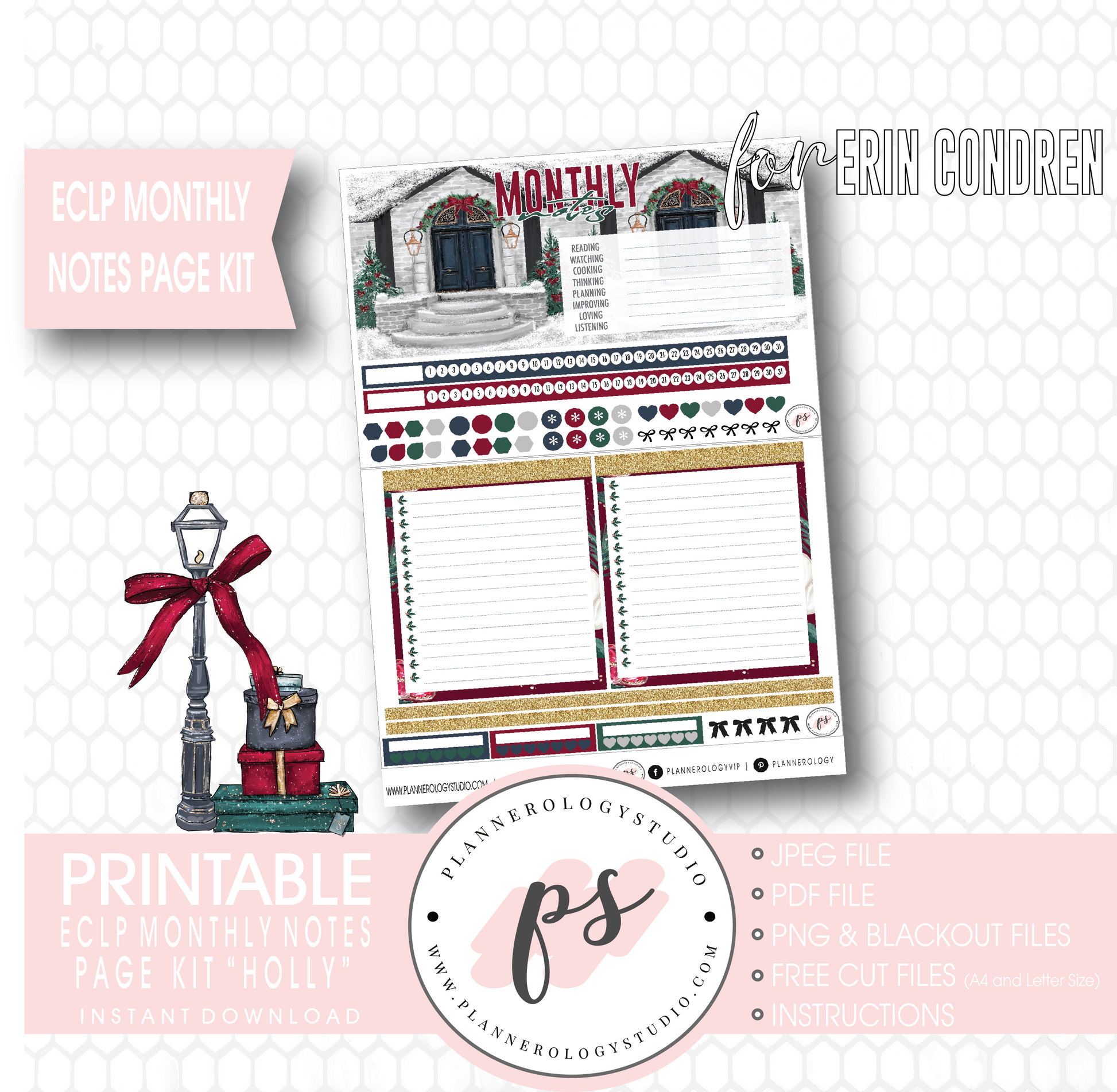 Holly (Christmas) Monthly Notes Page Kit Digital Printable Planner Stickers (for use with Erin Condren) - Plannerologystudio
