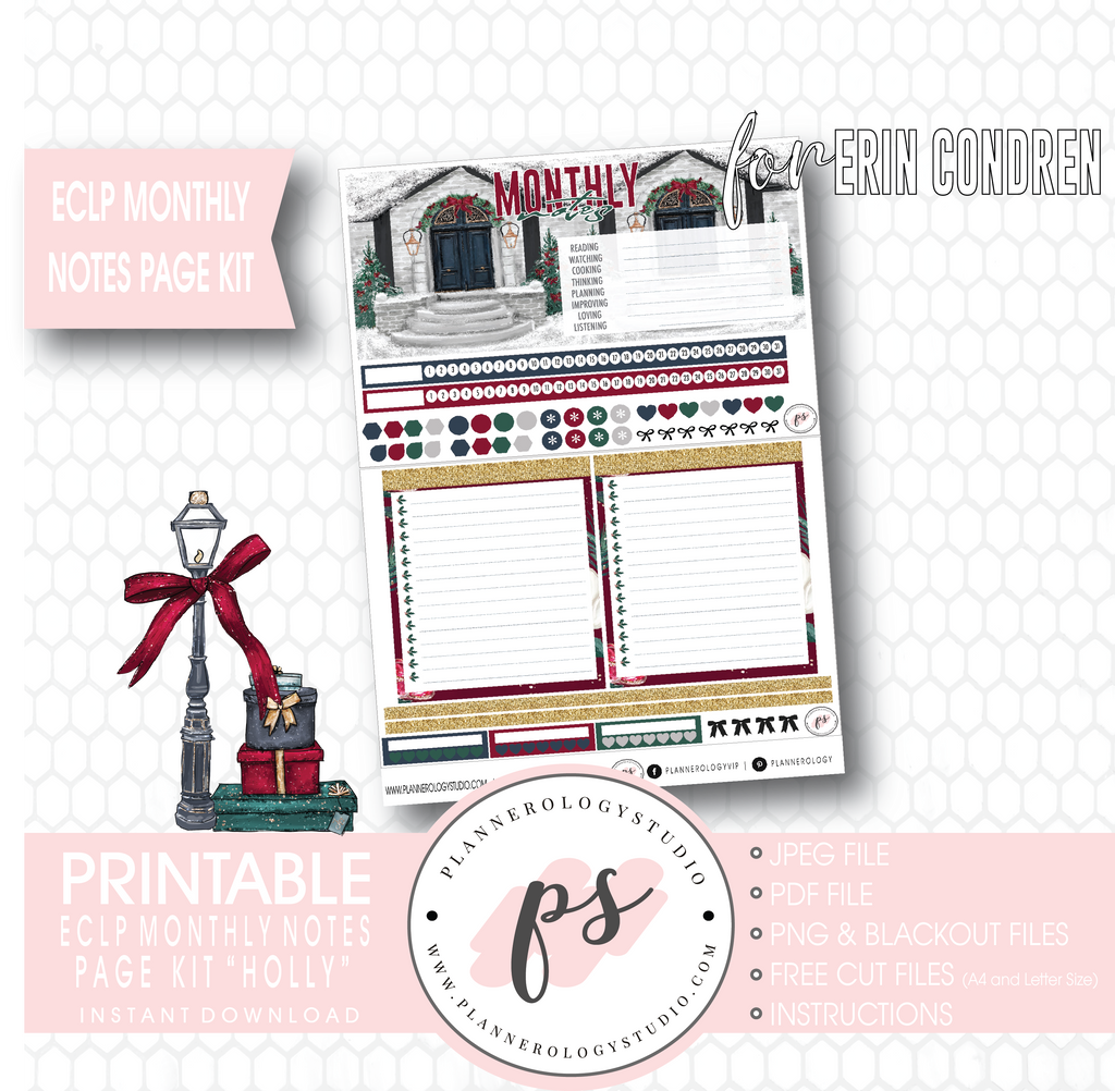 Holly (Christmas) Monthly Notes Page Kit Digital Printable Planner Stickers (for use with Erin Condren) - Plannerologystudio