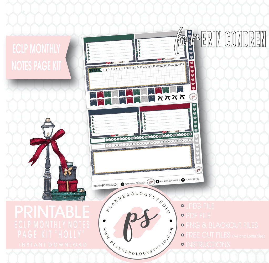 Holly (Christmas) Monthly Notes Page Kit Digital Printable Planner Stickers (for use with Erin Condren) - Plannerologystudio