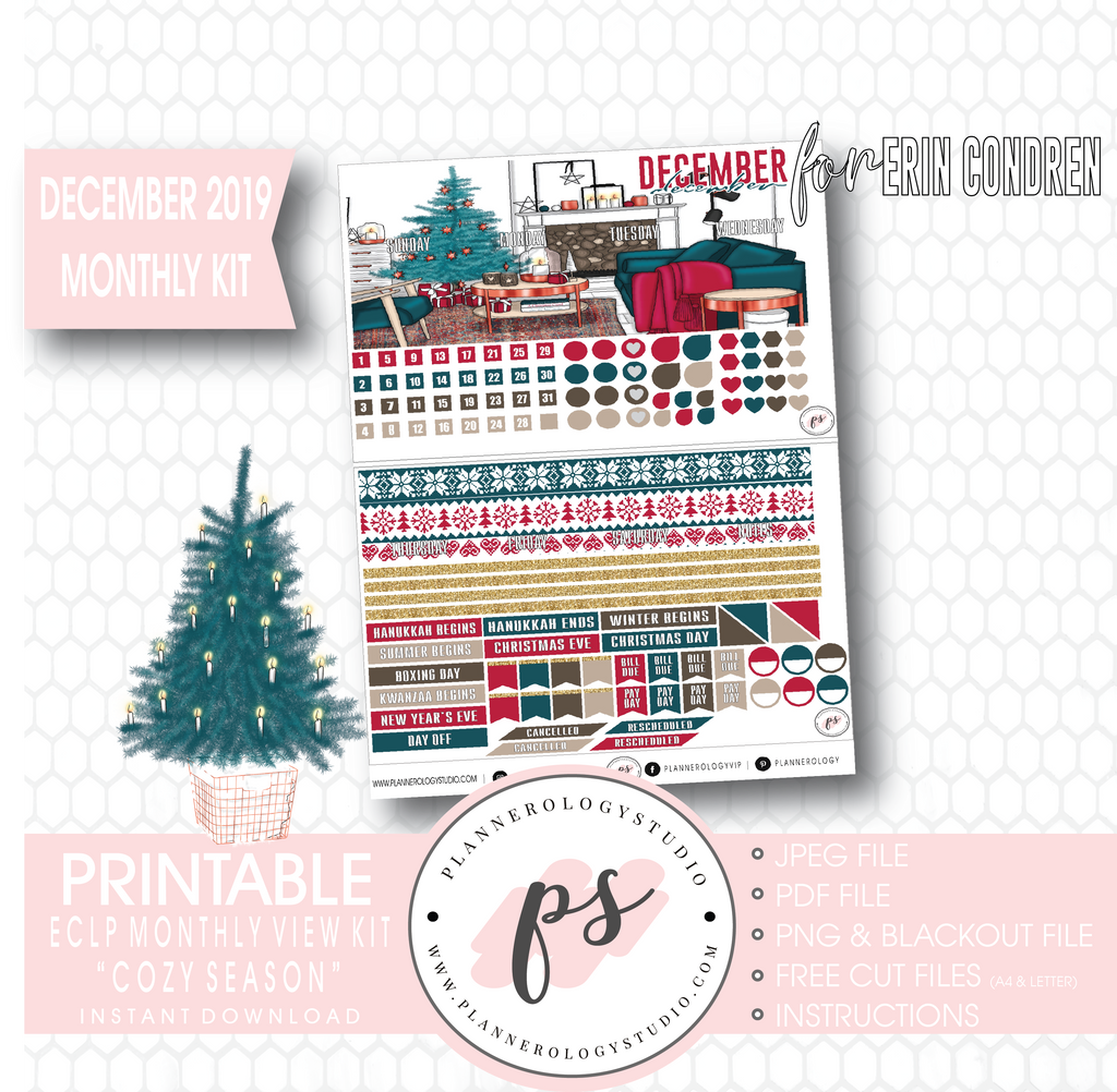 Cozy Season (Christmas) December 2019 Monthly View Kit Digital Printable Planner Stickers (for use with Erin Condren) - Plannerologystudio