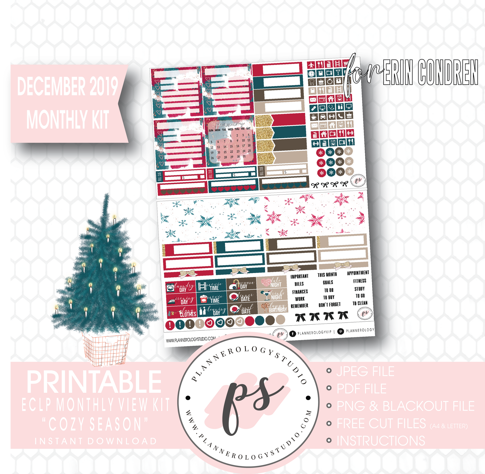 Cozy Season (Christmas) December 2019 Monthly View Kit Digital Printable Planner Stickers (for use with Erin Condren) - Plannerologystudio
