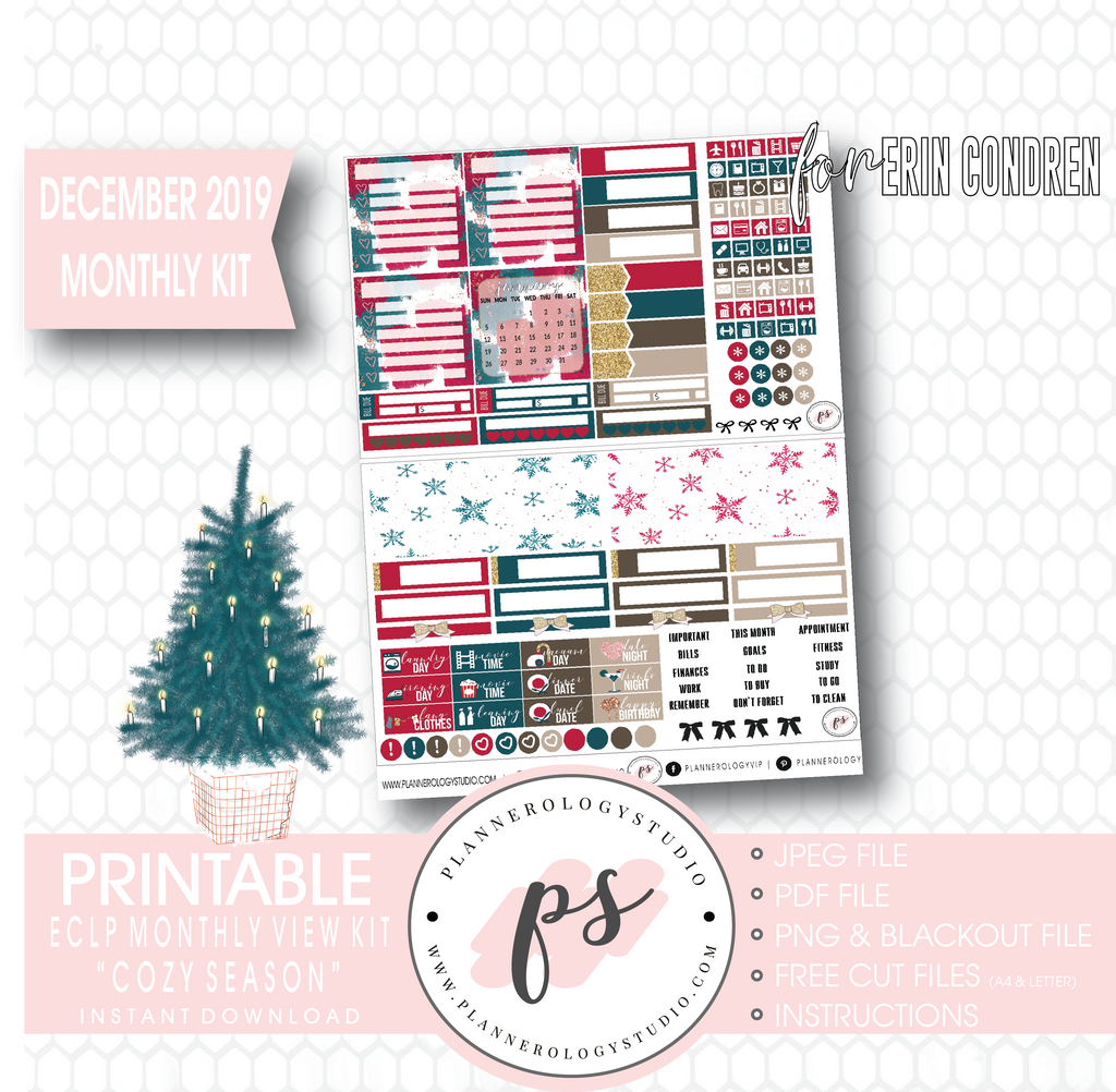 Cozy Season (Christmas) December 2019 Monthly View Kit Digital Printable Planner Stickers (for use with Erin Condren) - Plannerologystudio