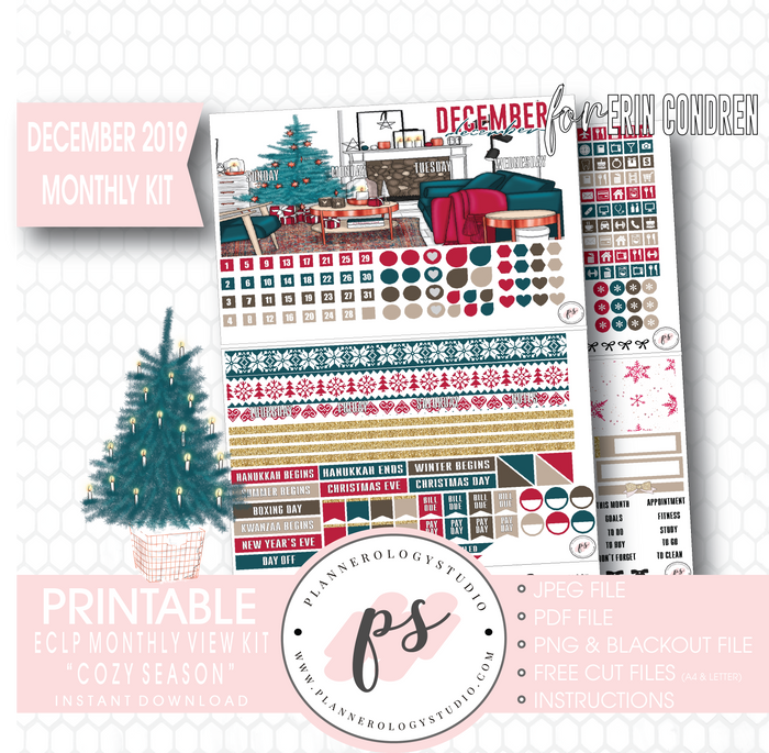 Cozy Season (Christmas) December 2019 Monthly View Kit Digital Printable Planner Stickers (for use with Erin Condren) - Plannerologystudio