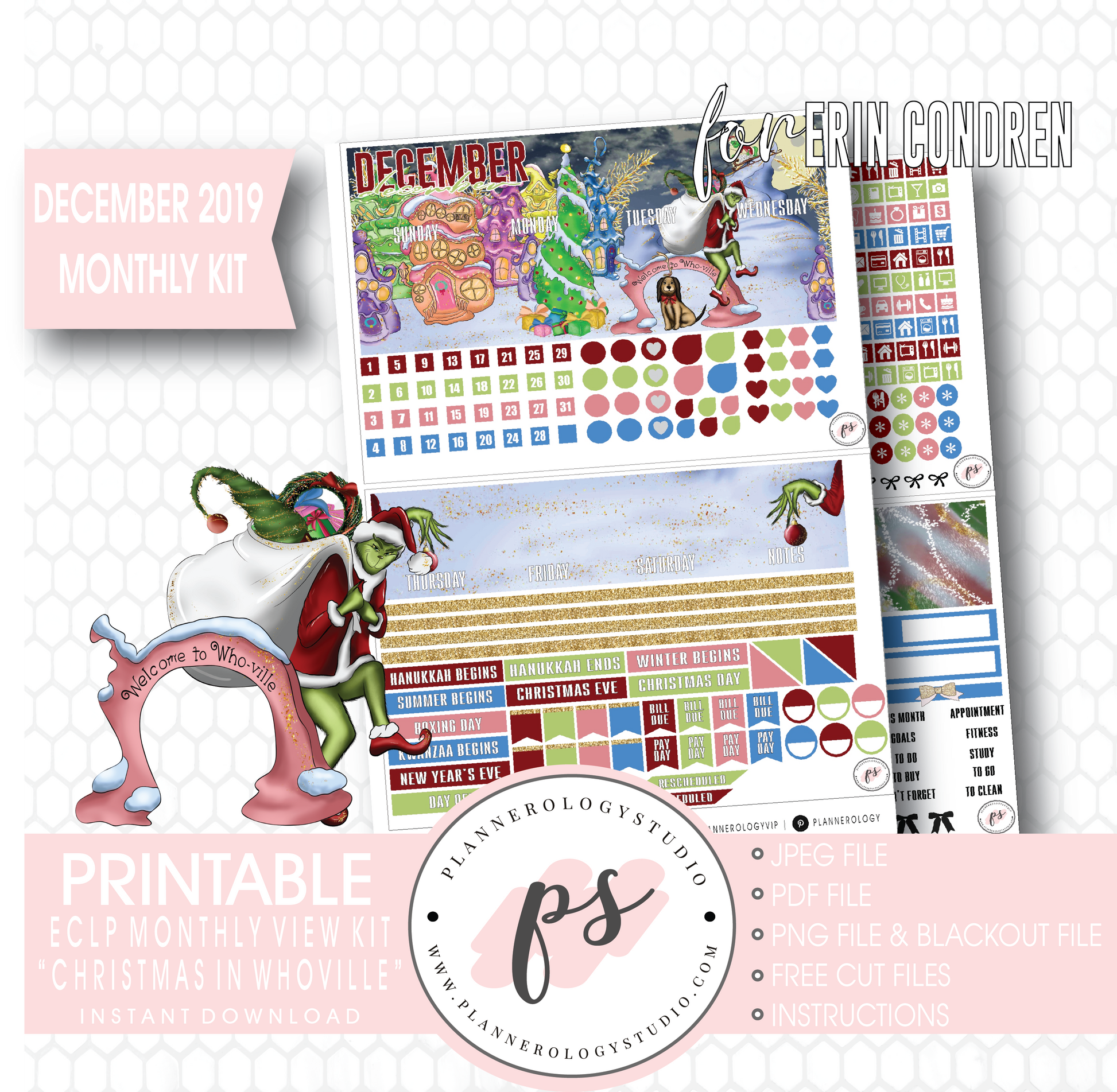 Christmas at Whoville (The Grinch) December 2019 Monthly View Kit Digital Printable Planner Stickers (for use with Erin Condren) - Plannerologystudio