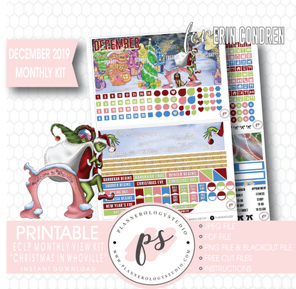 Christmas at Whoville (The Grinch) December 2019 Monthly View Kit Digital Printable Planner Stickers (for use with Erin Condren) - Plannerologystudio