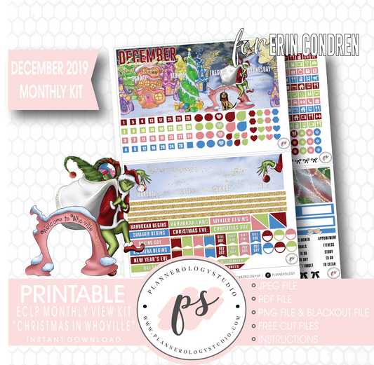 Christmas at Whoville (The Grinch) December 2019 Monthly View Kit Digital Printable Planner Stickers (for use with Erin Condren) - Plannerologystudio