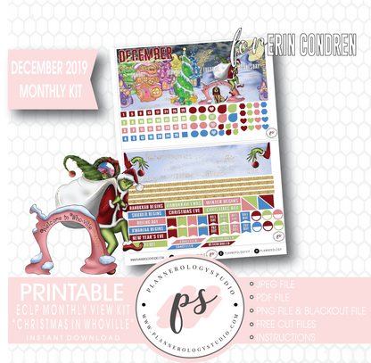 Christmas at Whoville (The Grinch) December 2019 Monthly View Kit Digital Printable Planner Stickers (for use with Erin Condren) - Plannerologystudio