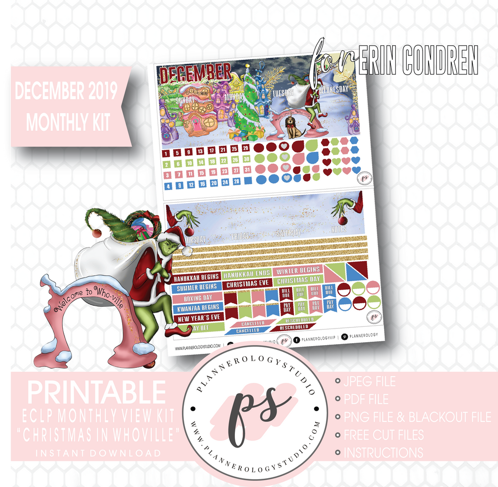 Christmas at Whoville (The Grinch) December 2019 Monthly View Kit Digital Printable Planner Stickers (for use with Erin Condren) - Plannerologystudio