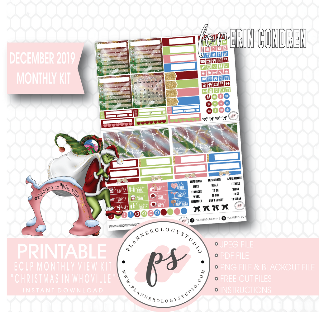Christmas at Whoville (The Grinch) December 2019 Monthly View Kit Digital Printable Planner Stickers (for use with Erin Condren) - Plannerologystudio