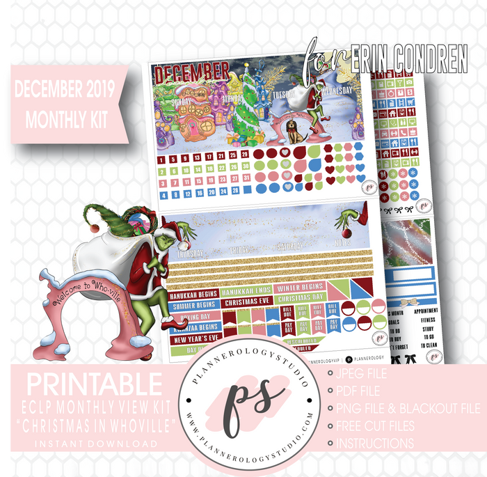 Christmas at Whoville (The Grinch) December 2019 Monthly View Kit Digital Printable Planner Stickers (for use with Erin Condren) - Plannerologystudio