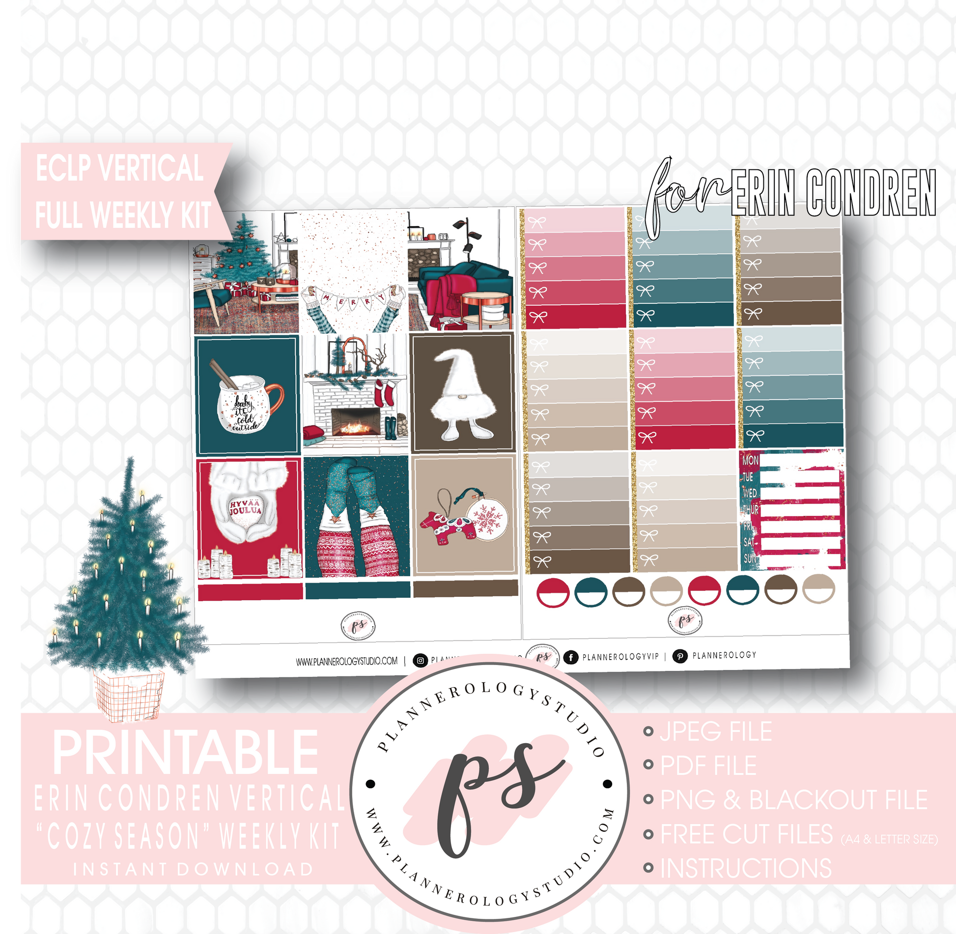 Cozy Season (Christmas) Full Weekly Kit Printable Planner Digital Stickers (for use with Erin Condren Vertical) - Plannerologystudio