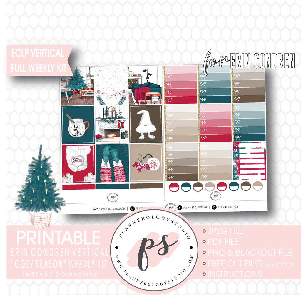 Cozy Season (Christmas) Full Weekly Kit Printable Planner Digital Stickers (for use with Erin Condren Vertical) - Plannerologystudio