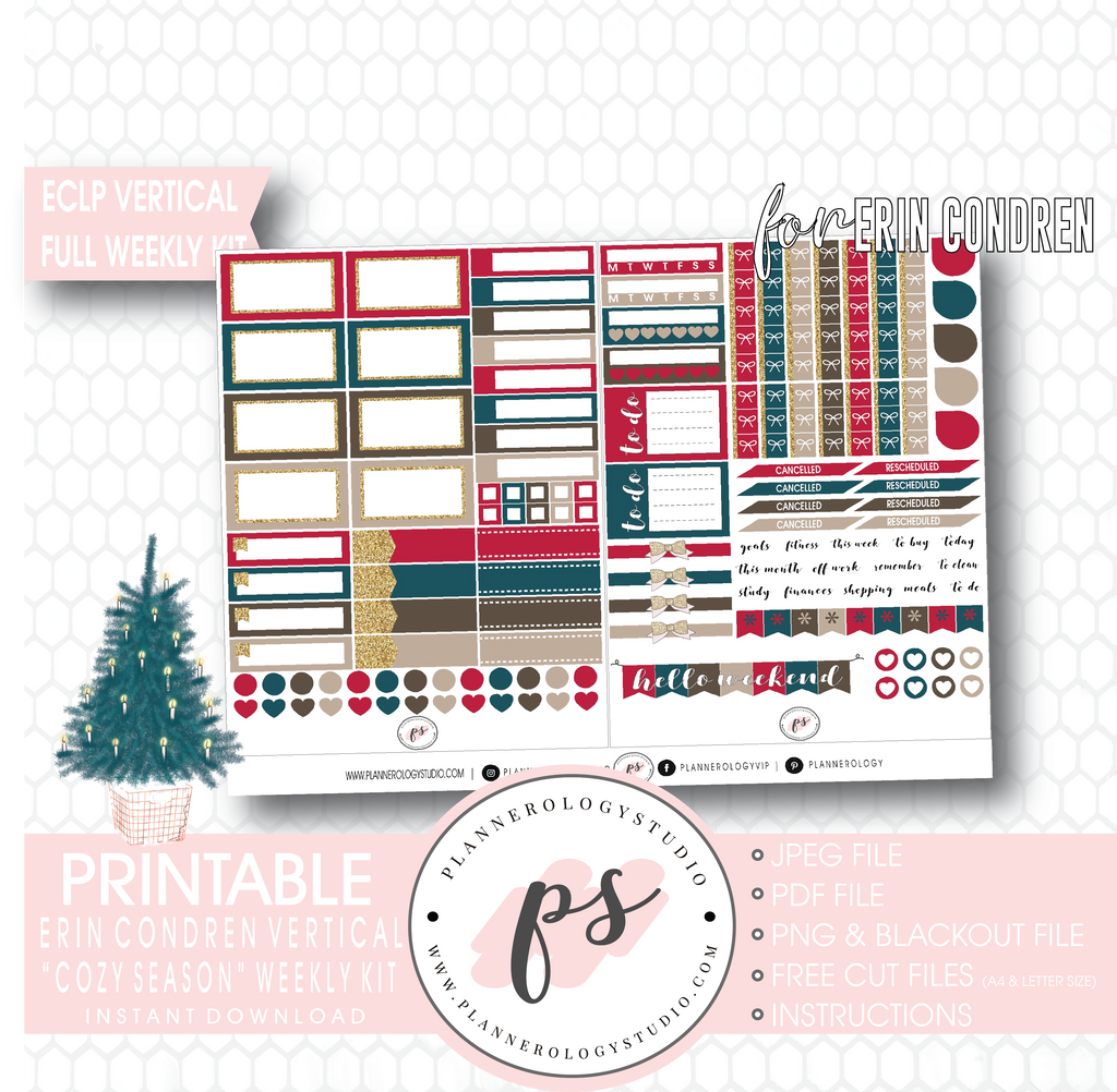 Cozy Season (Christmas) Full Weekly Kit Printable Planner Digital Stickers (for use with Erin Condren Vertical) - Plannerologystudio
