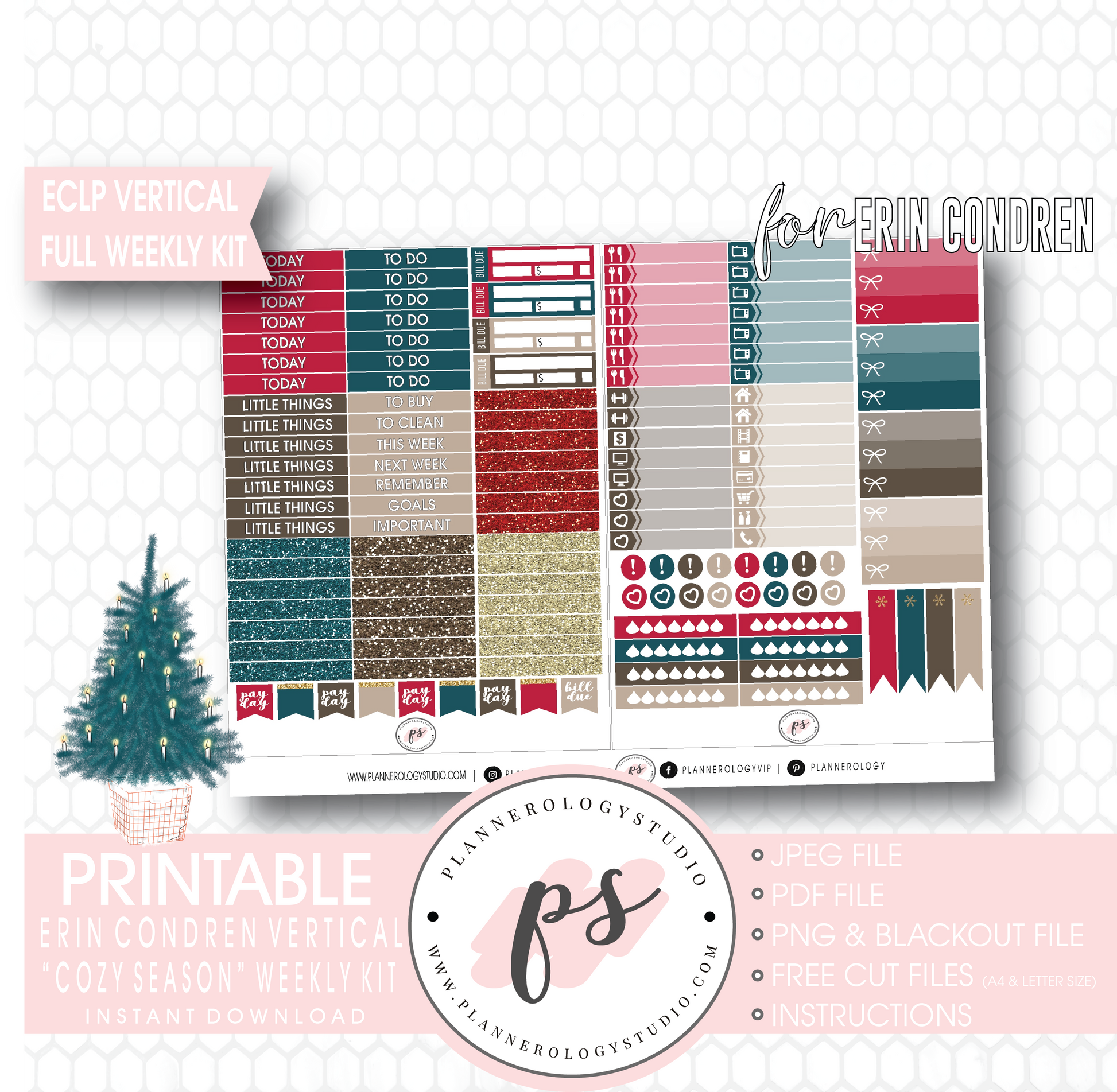 Cozy Season (Christmas) Full Weekly Kit Printable Planner Digital Stickers (for use with Erin Condren Vertical) - Plannerologystudio