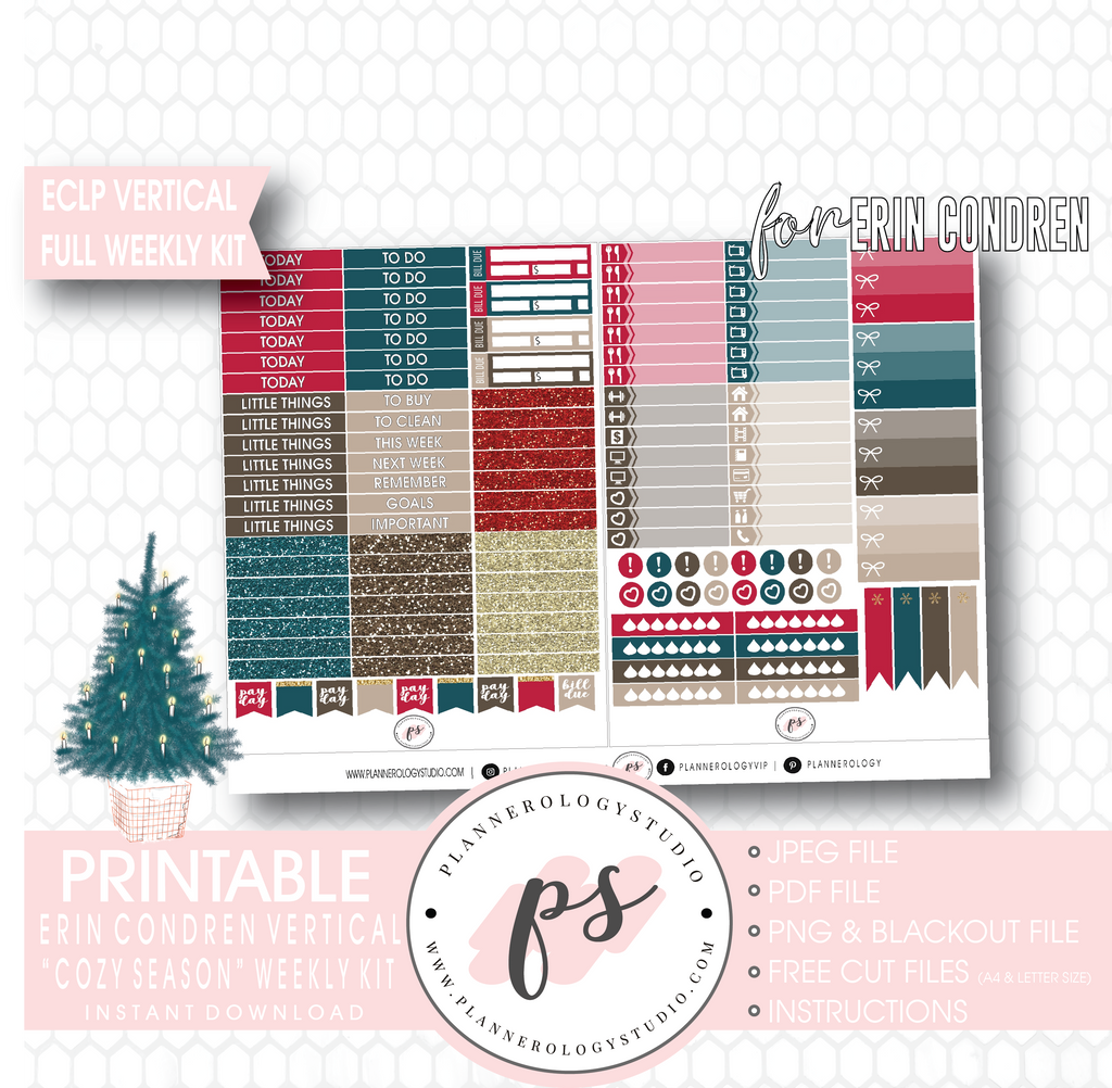 Cozy Season (Christmas) Full Weekly Kit Printable Planner Digital Stickers (for use with Erin Condren Vertical) - Plannerologystudio